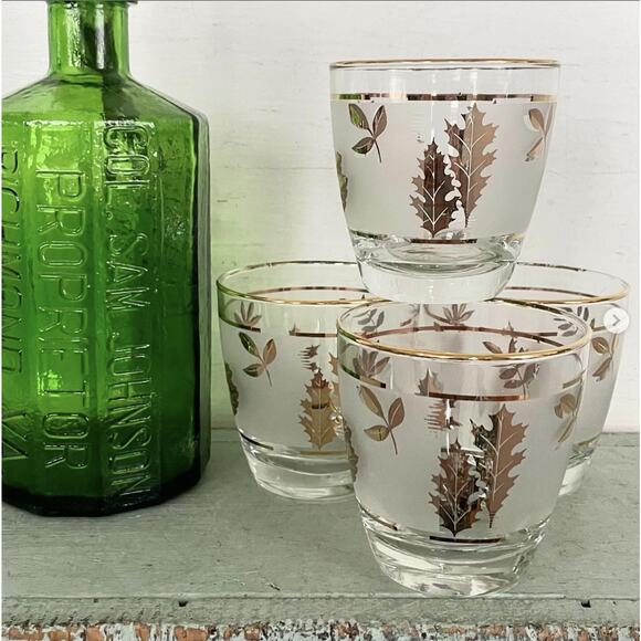 Vintage Drinking Glass Low Ball Frosted Gold MCM Barware Leaf Libbey Set 3 - Picture 5 of 7